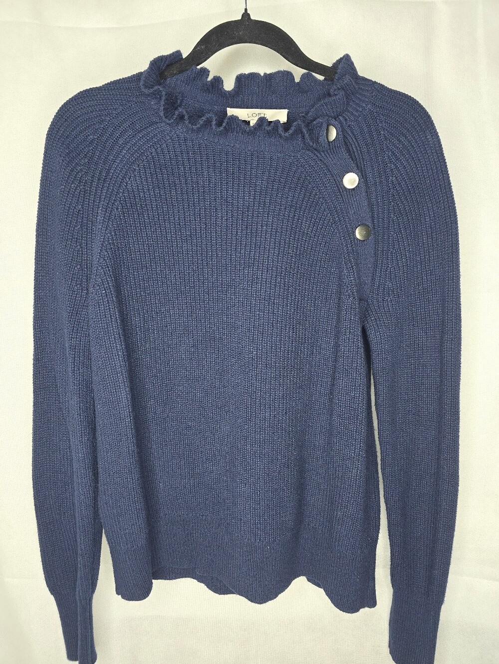 LOFT Navy Blue Sweater Ruffle Neck Button Shoulder Cotton Knit Feminine Preppy M